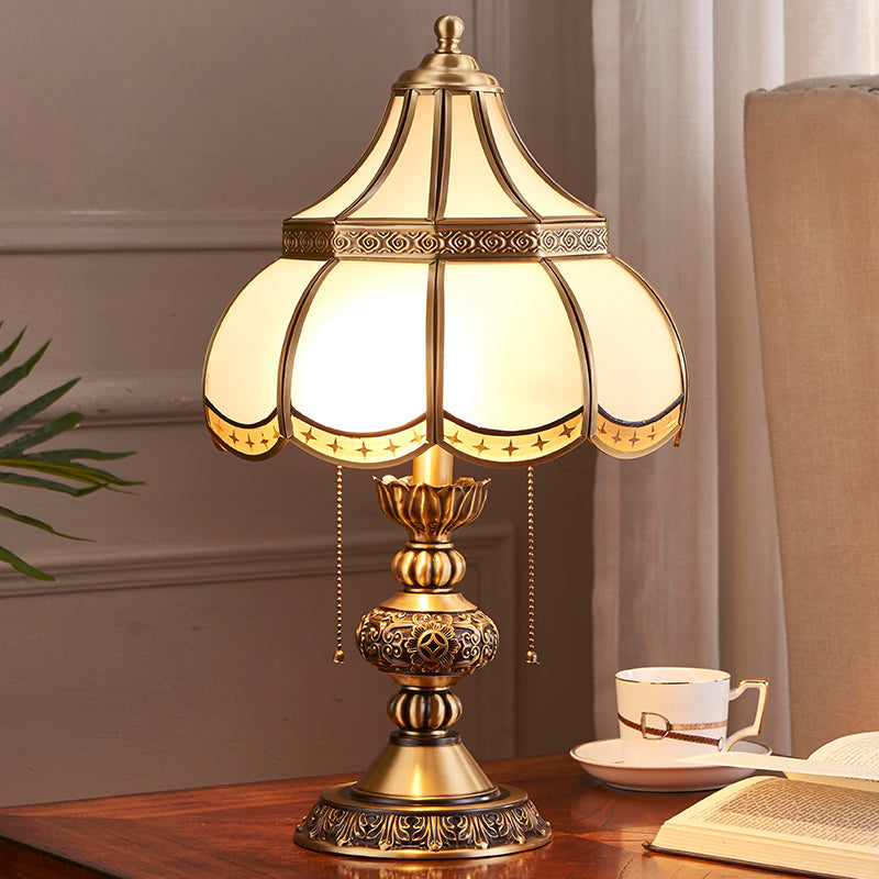 Traditional Brass Night Stand Lamp With Scalloped White Glass Shade - Bedroom Table Light 2-Bulbs