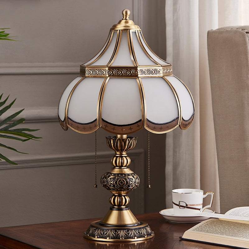 Traditional Brass Night Stand Lamp With Scalloped White Glass Shade - Bedroom Table Light 2-Bulbs