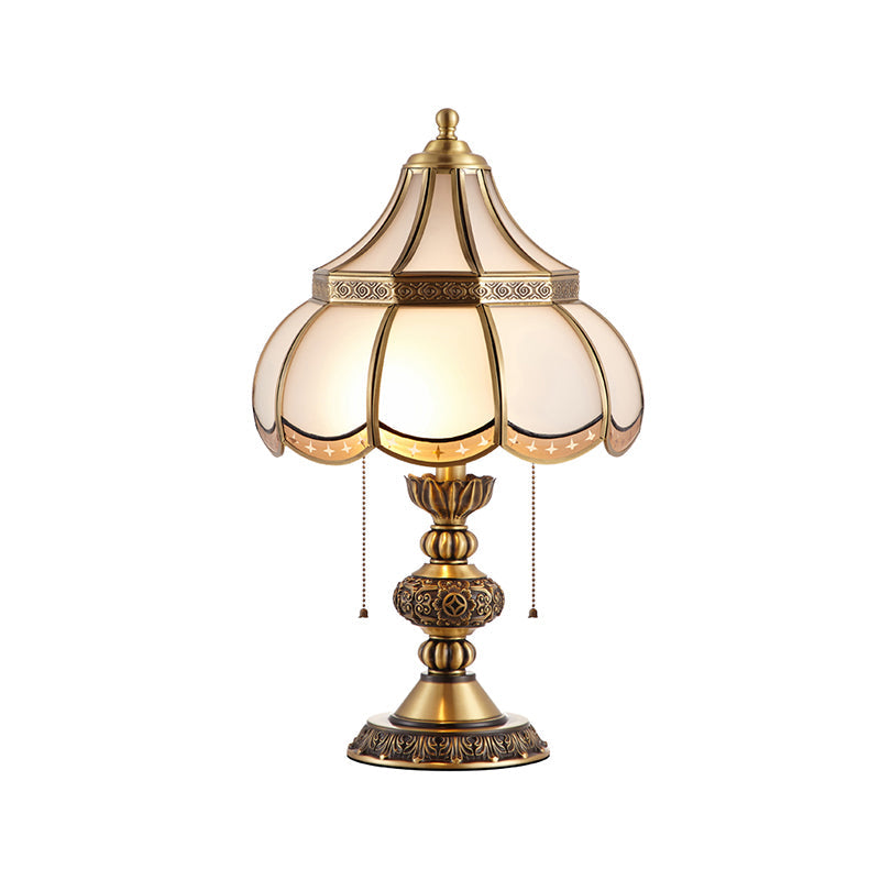 Traditional Brass Night Stand Lamp With Scalloped White Glass Shade - Bedroom Table Light 2-Bulbs