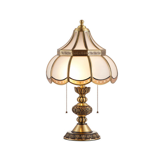 Traditional Brass Night Stand Lamp With Scalloped White Glass Shade - Bedroom Table Light 2-Bulbs