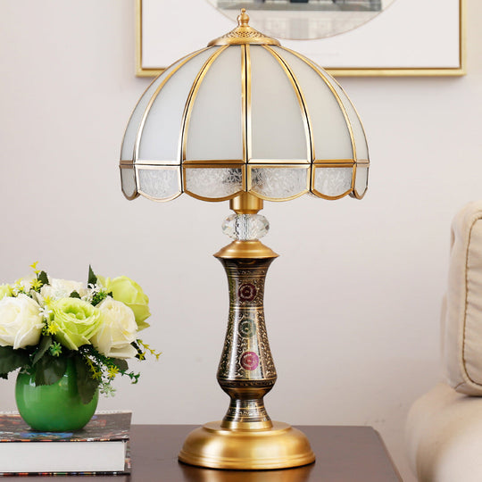 Traditional Brass Nightstand Lamp With Opal Glass & Scalloped Trim - Single Dome Design