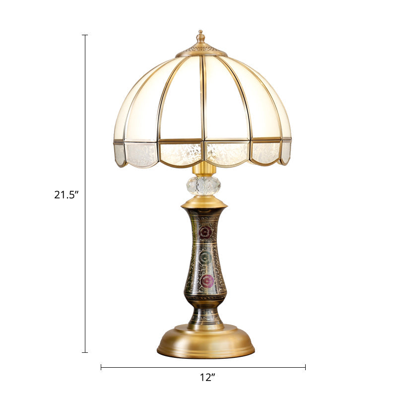 Traditional Brass Nightstand Lamp With Opal Glass & Scalloped Trim - Single Dome Design