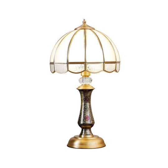 Traditional Brass Nightstand Lamp With Opal Glass & Scalloped Trim - Single Dome Design