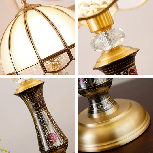 Traditional Brass Nightstand Lamp With Opal Glass & Scalloped Trim - Single Dome Design