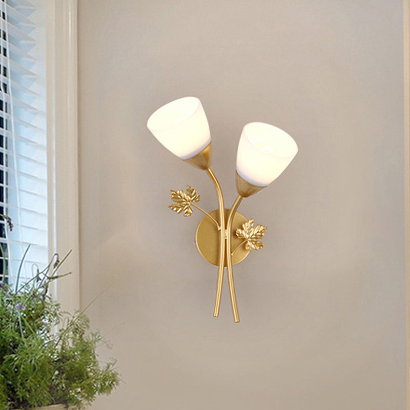 Frosted Glass Bowl Sconce - Contemporary 1/2-Light Hall Wall Mount Fixture With Leaf-Shaped Decor