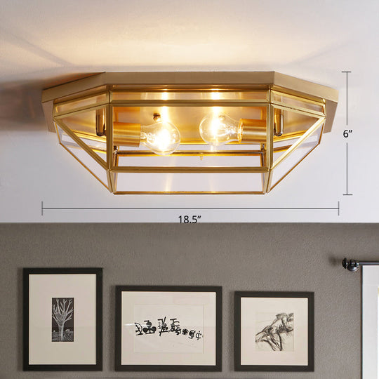 Sleek Brass Flush Mount Ceiling Lamp with Geometric Design - 2-Light Fixture for Balcony