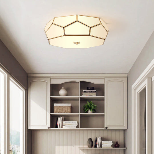 Minimalist Brass Flush Glass Ceiling Light for Bedroom - Polygon White Fixture