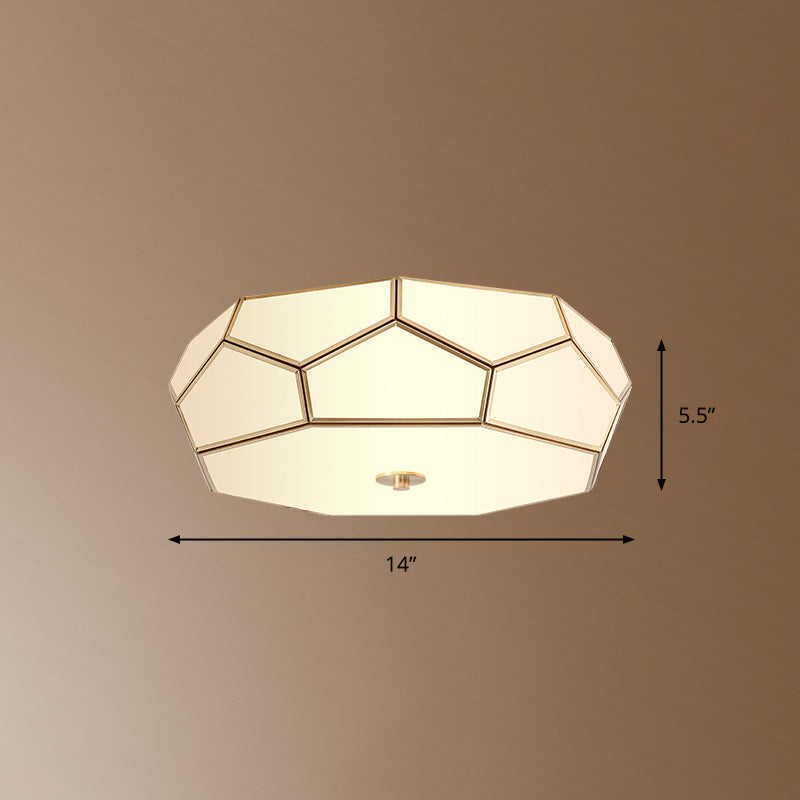 Minimalist Brass Flush Glass Ceiling Light for Bedroom - Polygon White Fixture