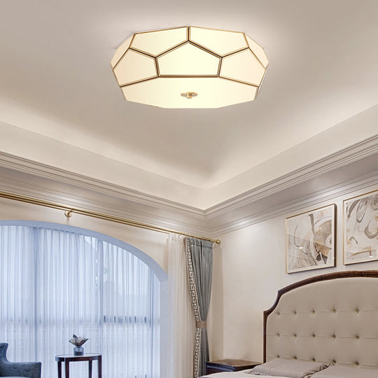 Minimalist Brass Flush Glass Ceiling Light for Bedroom - Polygon White Fixture