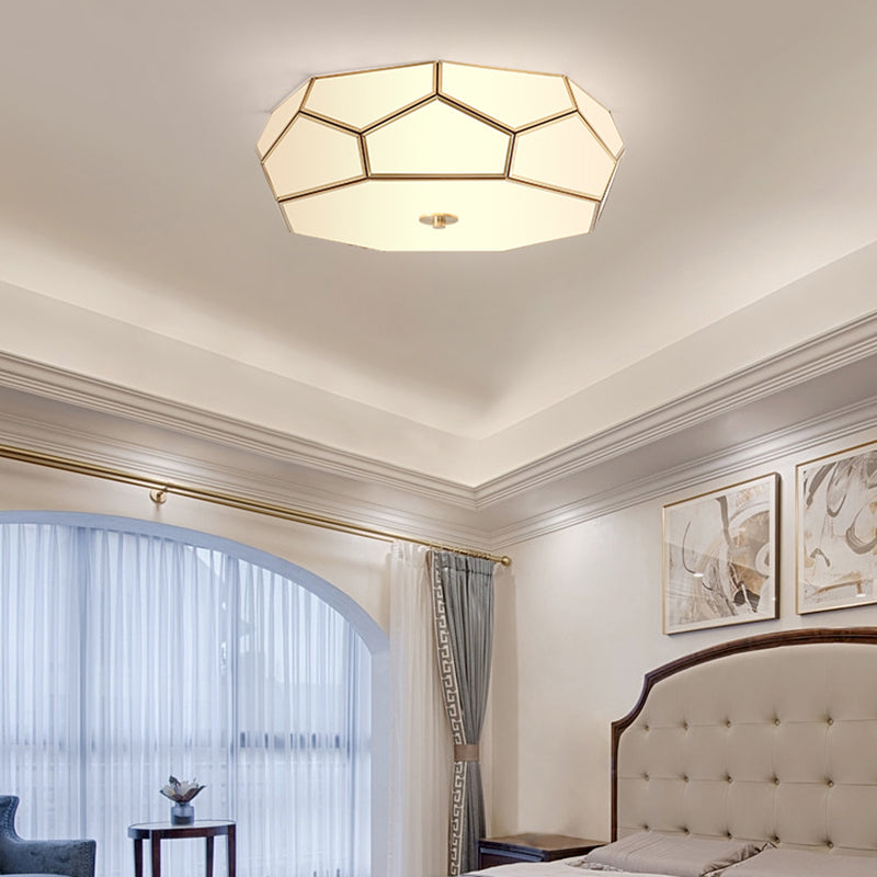 Minimalist Brass Flush Glass Ceiling Light For Bedroom - Polygon White Fixture