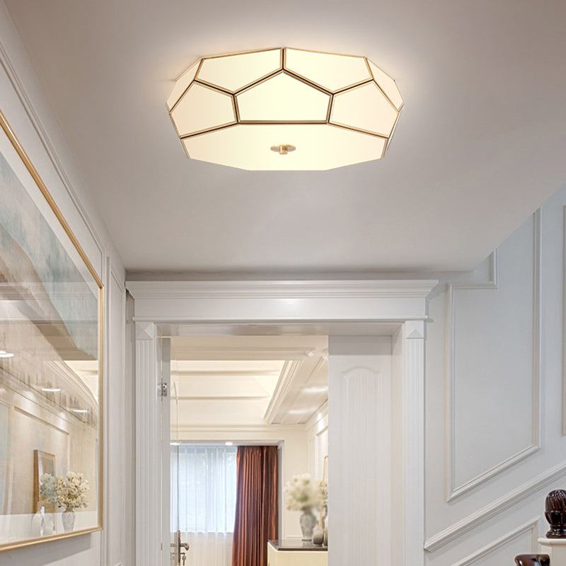 Minimalist Brass Flush Glass Ceiling Light for Bedroom - Polygon White Fixture