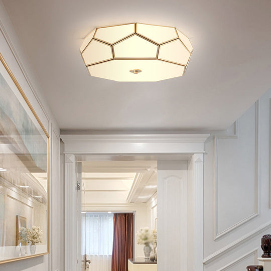 Minimalist Brass Flush Glass Ceiling Light for Bedroom - Polygon White Fixture