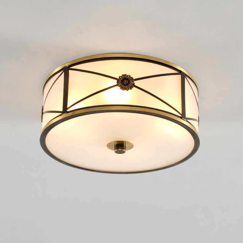 Frosted White Glass Flush Mount Ceiling Light For Bedroom - Traditional Drum Style / 14