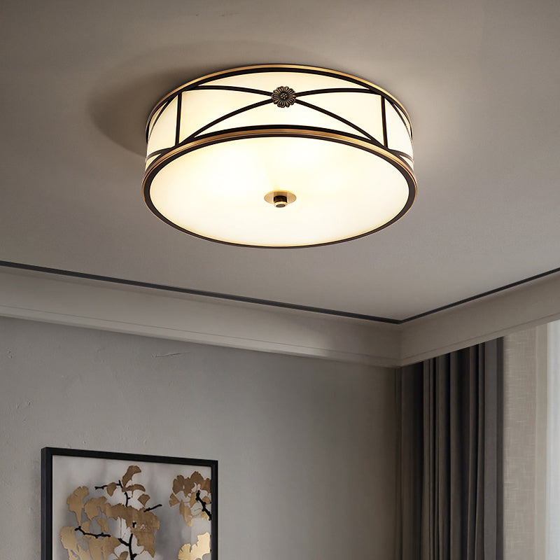 Frosted White Glass Flush Mount Ceiling Light for Bedroom - Traditional Drum Style