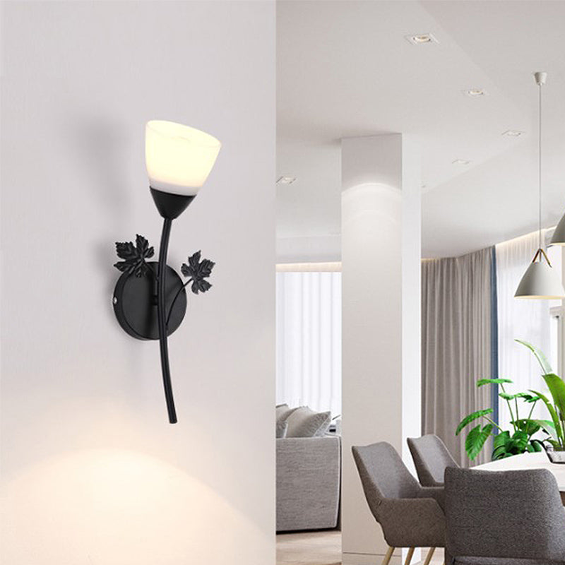 Frosted Glass Bowl Sconce - Contemporary 1/2-Light Hall Wall Mount Fixture With Leaf-Shaped Decor