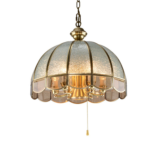 Antique Brass Water Glass Dome Chandelier Pendant Light With Scalloped Trim - Set Of 6 Bulbs