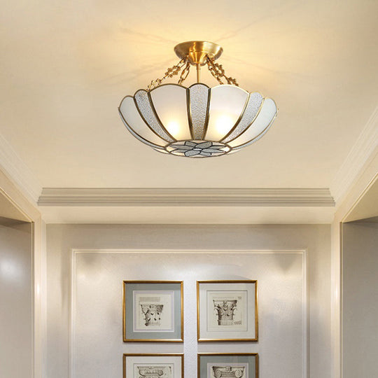 Colonial Style 4-Light Brass Chandelier With Textured White Glass - Dining Room Pendant Light