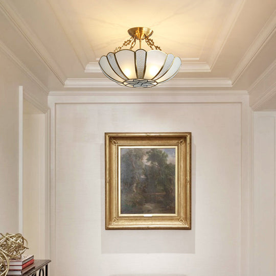 Colonial Style 4-Light Brass Chandelier With Textured White Glass - Dining Room Pendant Light