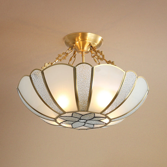 Colonial Style 4-Light Brass Chandelier With Textured White Glass - Dining Room Pendant Light