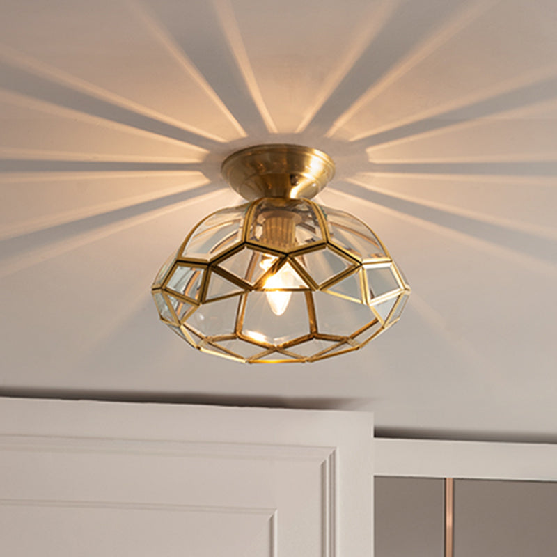 Brass Bowl Shaped Ceiling Fixture with Clear Glass Semi Mount Lighting