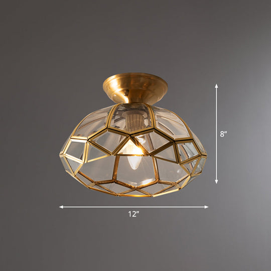 Brass Bowl Shaped Ceiling Fixture with Clear Glass Semi Mount Lighting