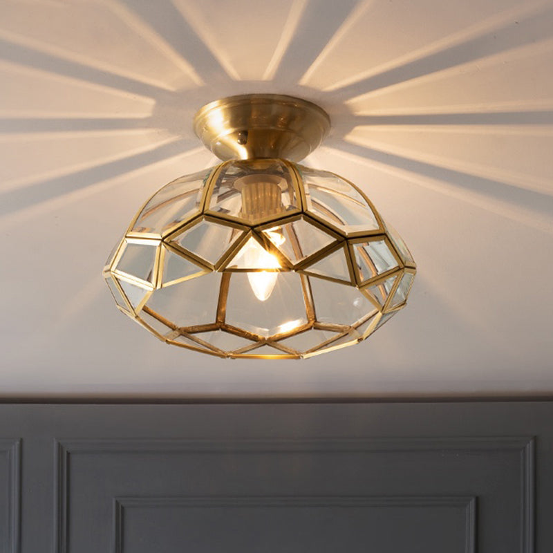 Brass Bowl Shaped Ceiling Fixture with Clear Glass Semi Mount Lighting