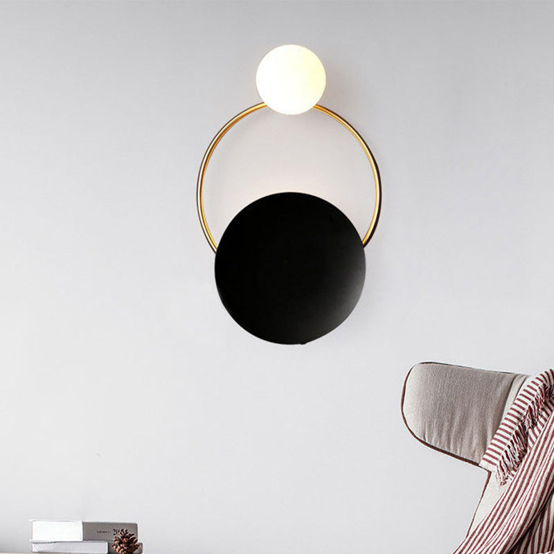 Vintage Style Black Opaline Glass Wall Sconce With Round Backplate - 2-Bulb Globe Design For Bedroom