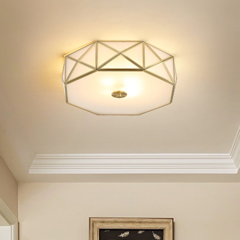 Geometric Flushmount Light with Gold Finish & Minimalistic White Glass Design