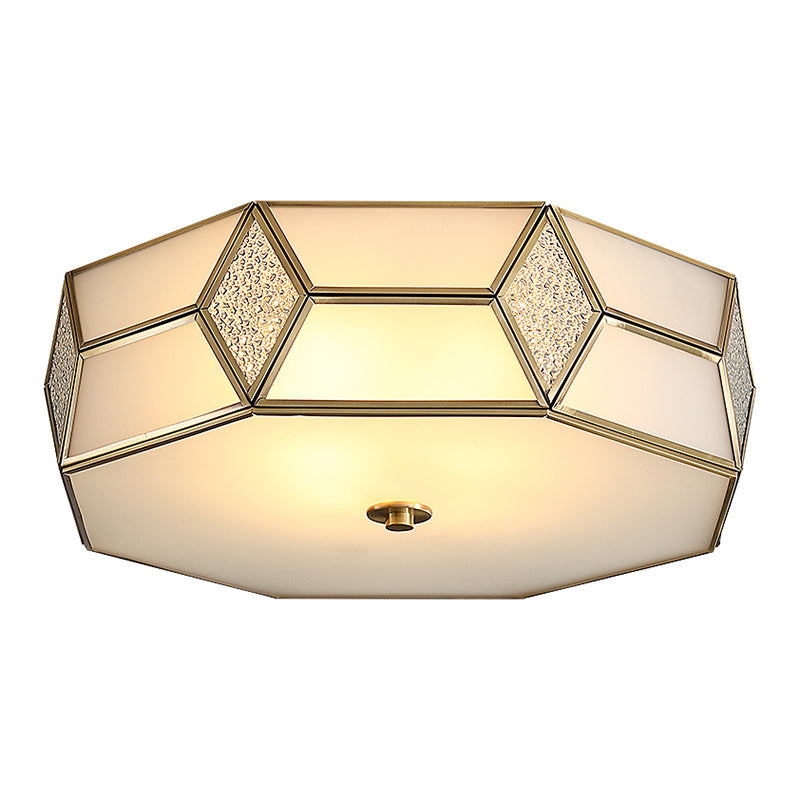 Octagon Flush Mount Bedroom Ceiling Light Fixture with Minimalistic Textured White Glass and Brass Trim