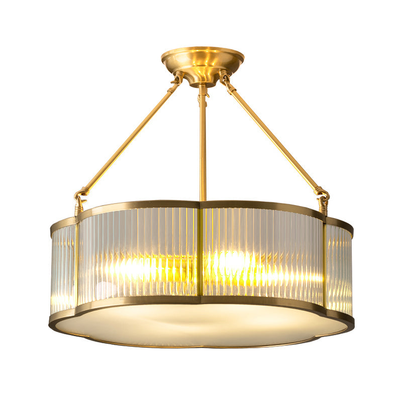 Traditional Gold Floral Hanging Lamp With Clear Ribbed Glass - Elegant Living Room Chandelier Light