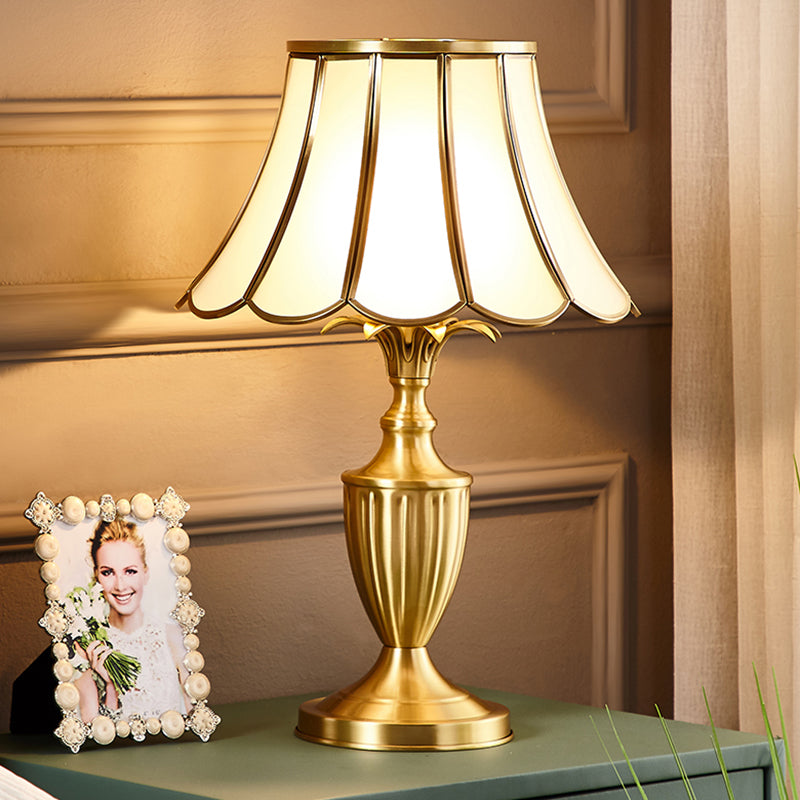 Colonial Style Brass Scalloped Nightstand Lamp With Opaque Glass - Ideal For Single Bedroom