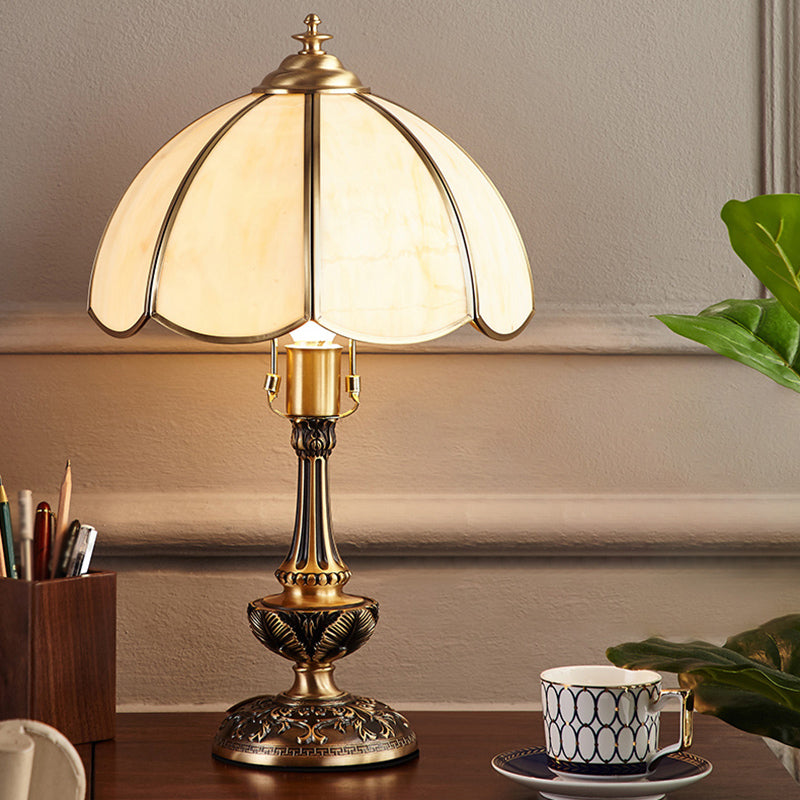 Colonial Style Brass Scalloped Nightstand Lamp With Opaque Glass - Ideal For Single Bedroom