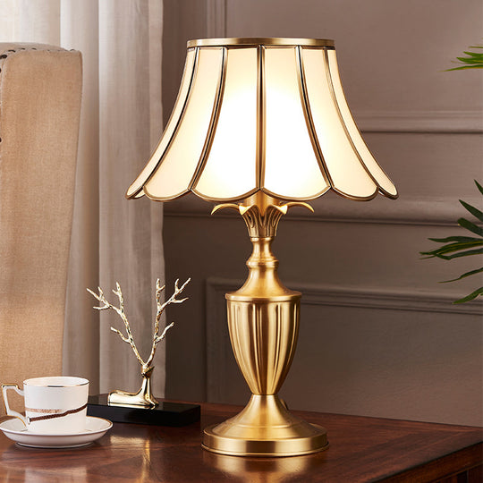 Colonial Style Brass Scalloped Nightstand Lamp With Opaque Glass - Ideal For Single Bedroom