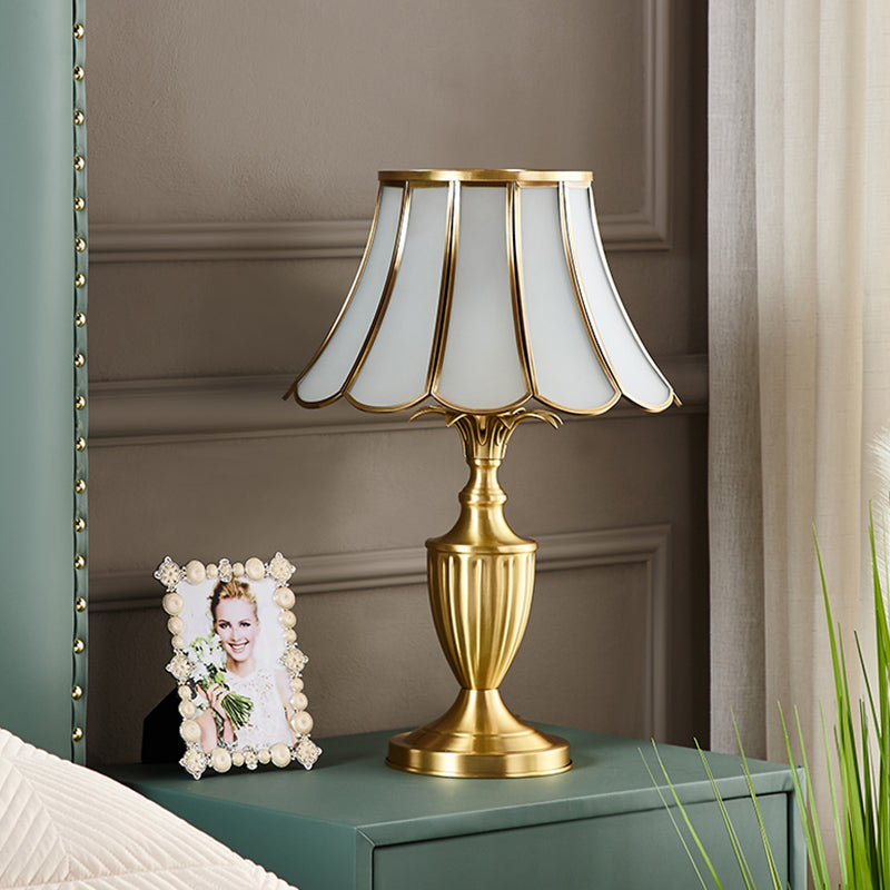 Colonial Style Brass Scalloped Nightstand Lamp With Opaque Glass - Ideal For Single Bedroom