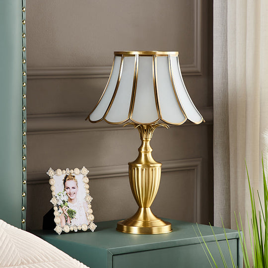 Colonial Style Brass Scalloped Nightstand Lamp With Opaque Glass - Ideal For Single Bedroom