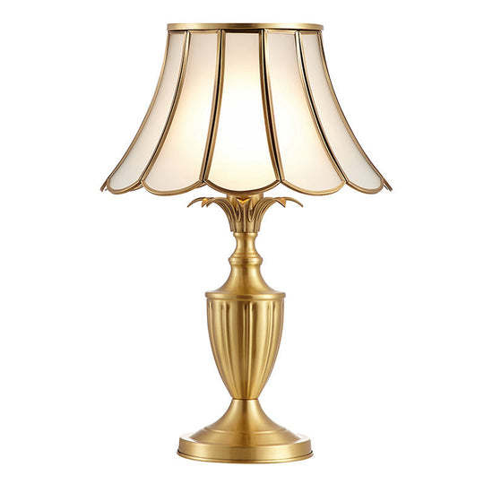 Colonial Style Brass Scalloped Nightstand Lamp With Opaque Glass - Ideal For Single Bedroom