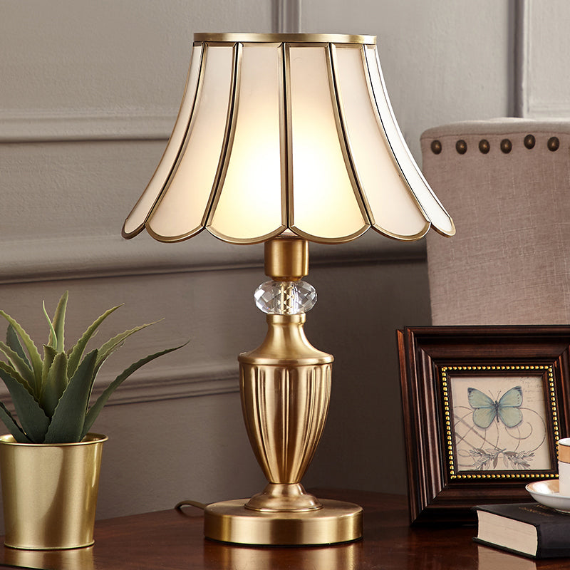 Colonial Style Brass Scalloped Nightstand Lamp With Opaque Glass - Ideal For Single Bedroom