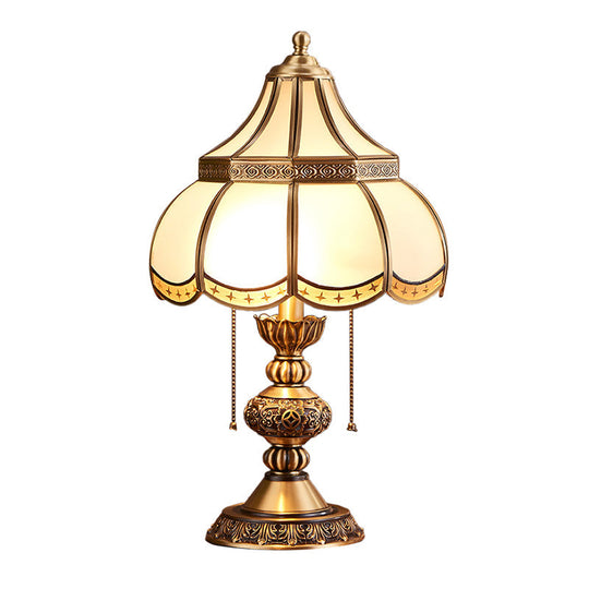 Colonial Style Brass Scalloped Nightstand Lamp With Opaque Glass - Ideal For Single Bedroom