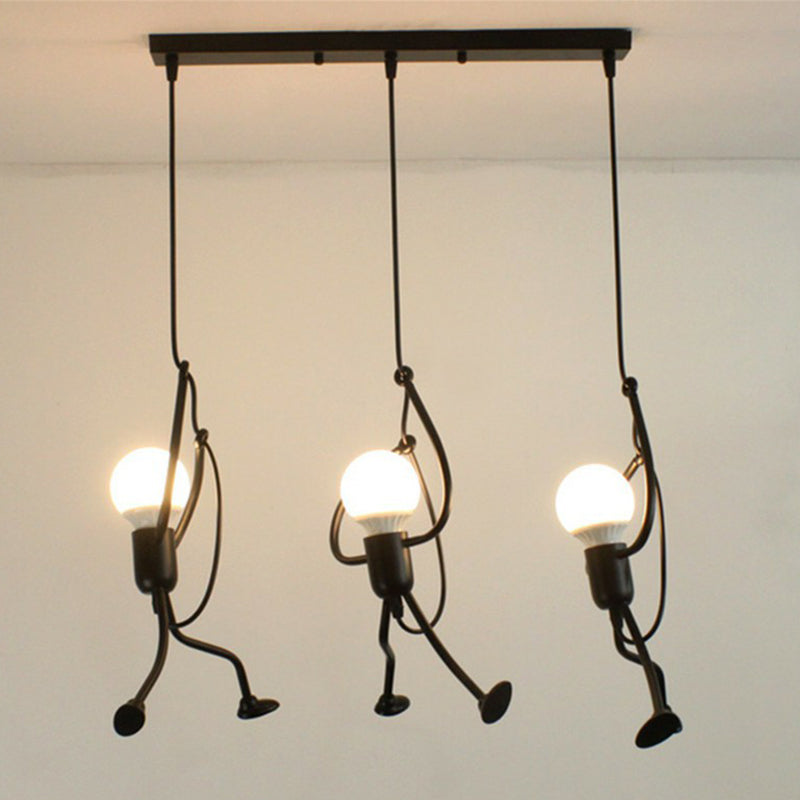 Modern Black Stick Figure Ceiling Light - 3-Bulb Metal Hanging Fixture / Linear