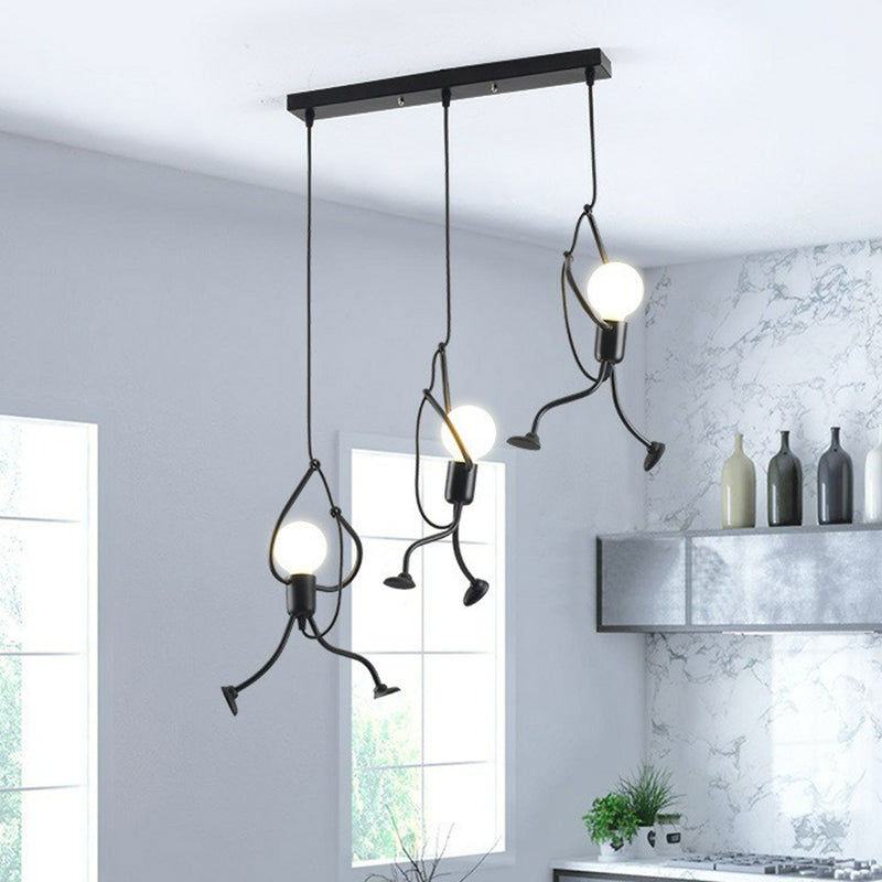 Artistic Stickman Pendant Lamp - Metal 3-Light Black Dining Room Hanging Light