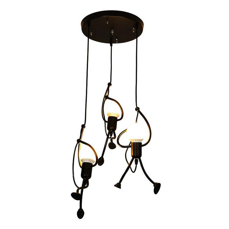 Artistic Stickman Pendant Lamp - Metal 3-Light Black Dining Room Hanging Light