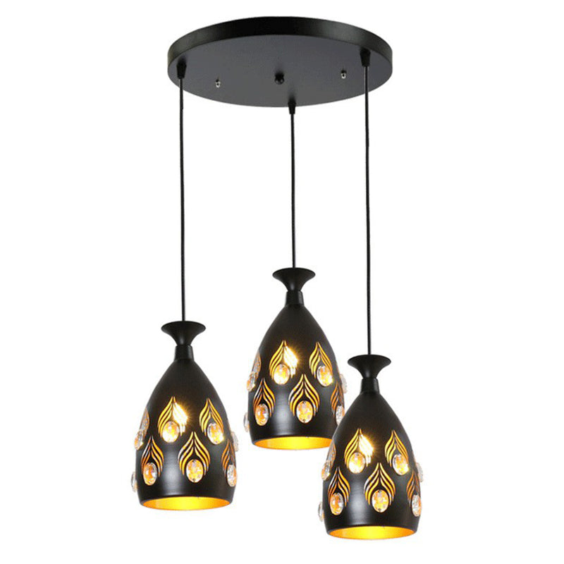 Artistic Metal Cluster Pendant Light - 3 Head Cup Shape Black Hollowed-Out Ceiling Lamp With