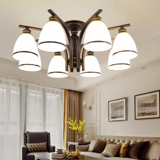 Black Semi Flush Ceiling Light With Minimalist Bell Shape Cream Glass - Ideal For Dining Room