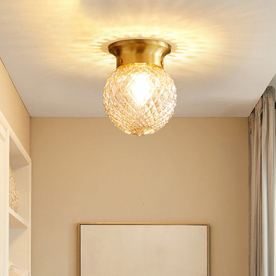 Country-Inspired Brass Flush Mount With Lattice Glass Shade For Hallways And Ceilings