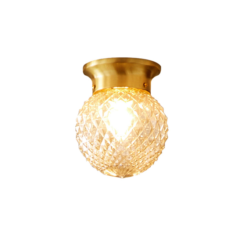 Country-Inspired Brass Flush Mount With Lattice Glass Shade For Hallways And Ceilings