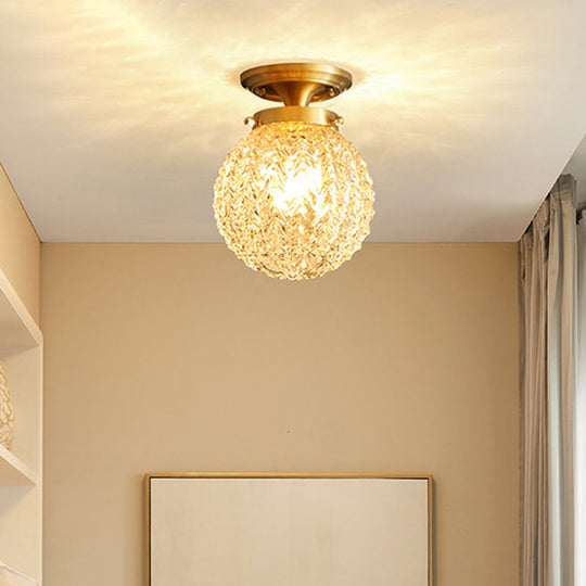 Farm Style Brass Flush Mount Foyer Ceiling Light With Carved Glass Sphere