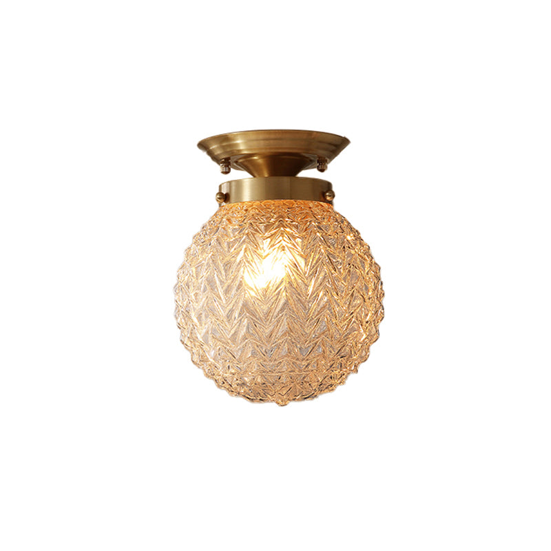 Farm Style Brass Flush Mount Foyer Ceiling Light With Carved Glass Sphere