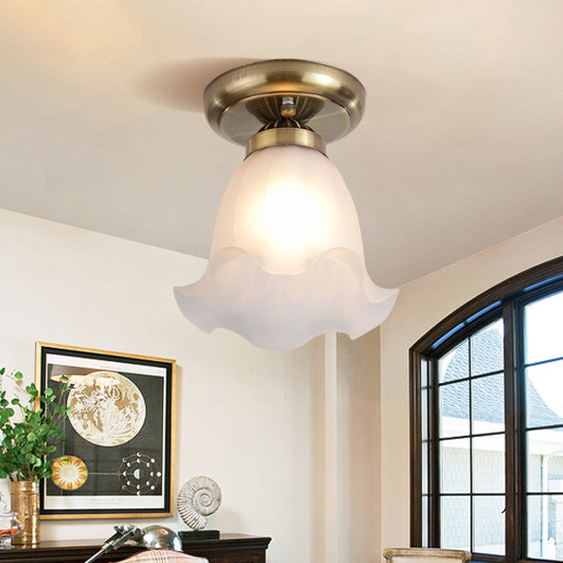 Rustic Floral Frosted White Glass Flush Mount Bedroom Ceiling Light Fixture