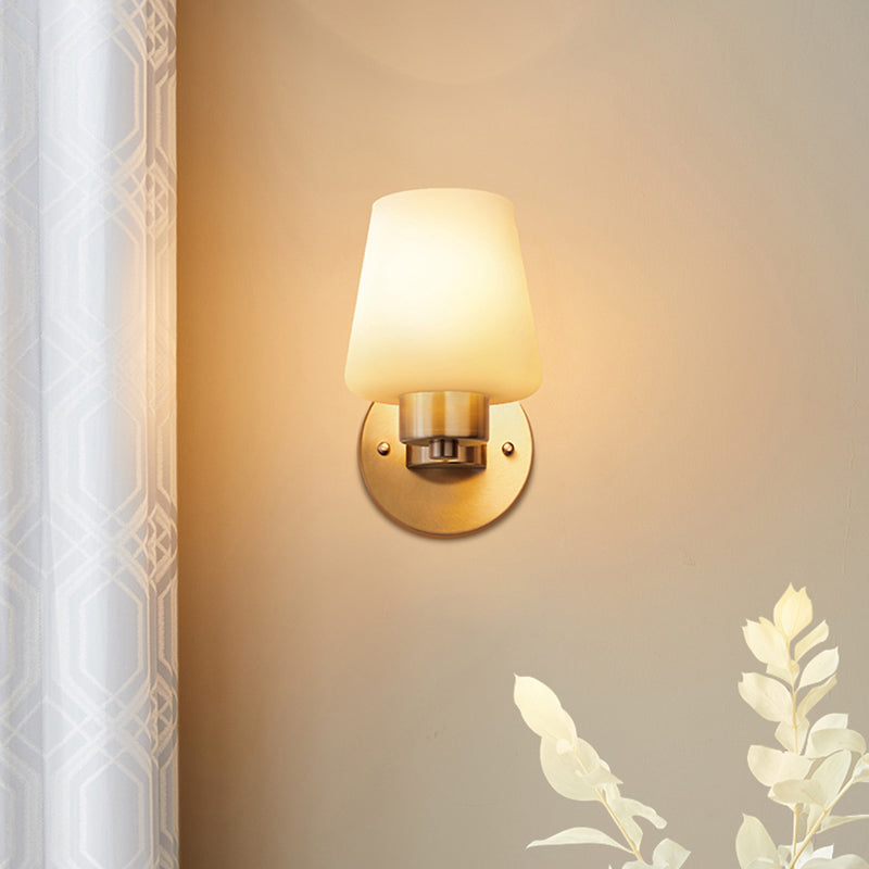 Minimalist Conic Wall Sconce Light: Cream Glass Brass Mount For Dining Room