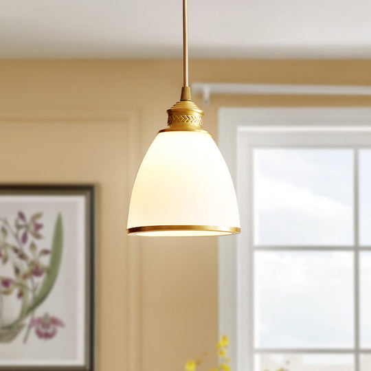 Simple Style Opal Glass Brass Pendant Lamp Bell Shade Hanging Light For Dining Room